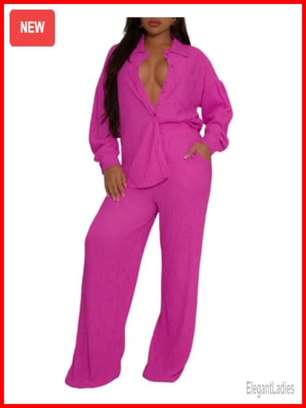 Women 2 Piece Pleated Button Down Shirt Wide Leg Pants Set Polyester